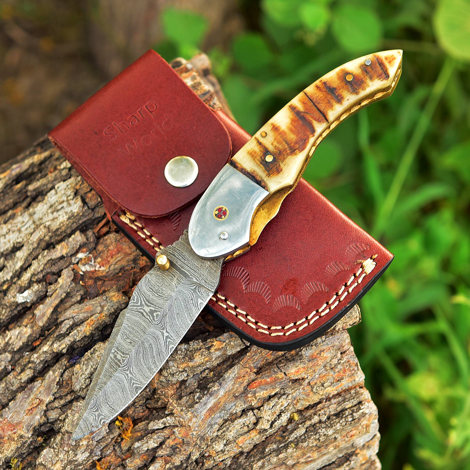  SharpWorld Beautiful Damascus Gut Hook Knife Made Of  Remarkable Damascus Steel Ram Handle/w Brown Leather Sheath TJ111 : Sports  & Outdoors